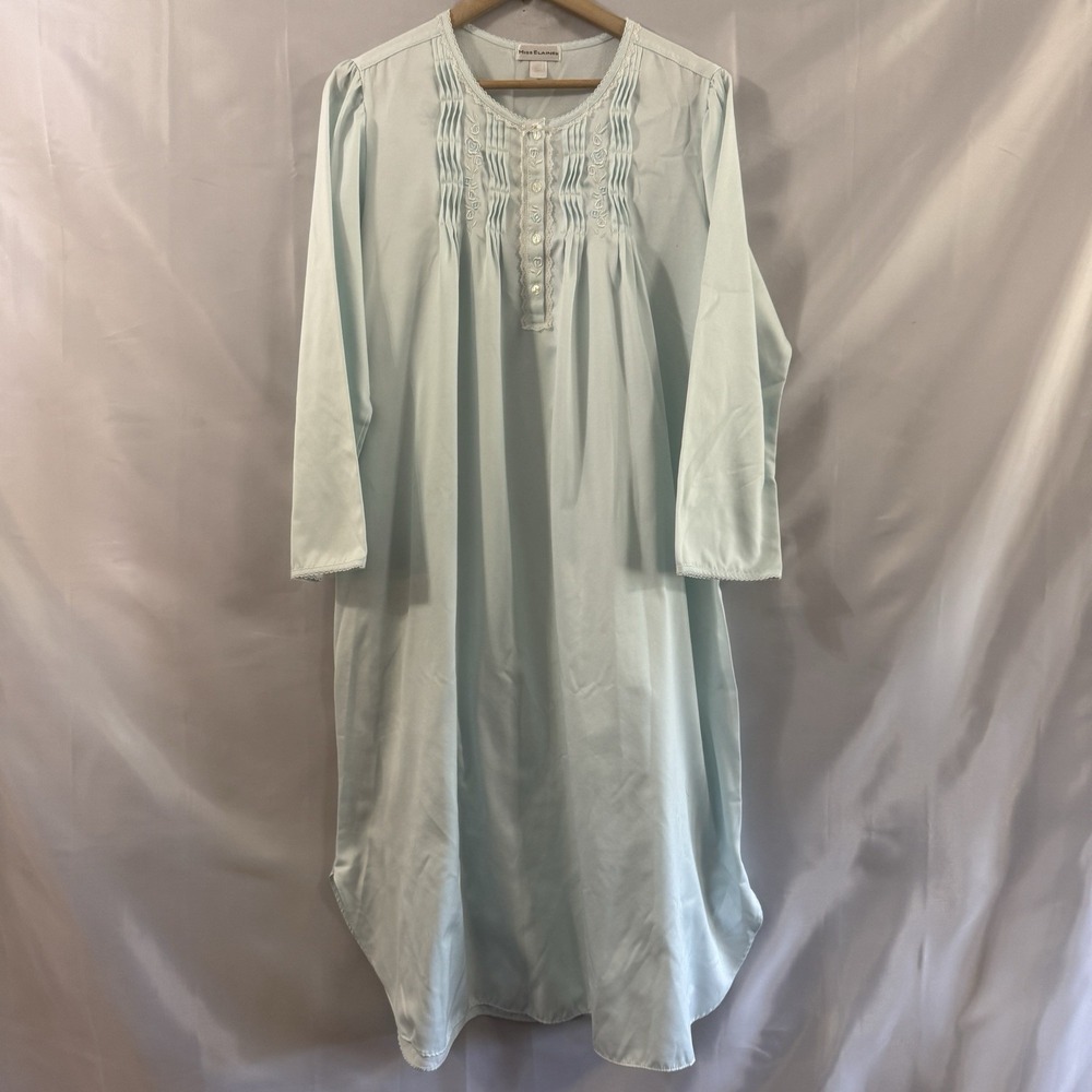 Vintage Miss Elaine Embroidered Nightgown Pale Blue Pajamas Cottagecore Modest M